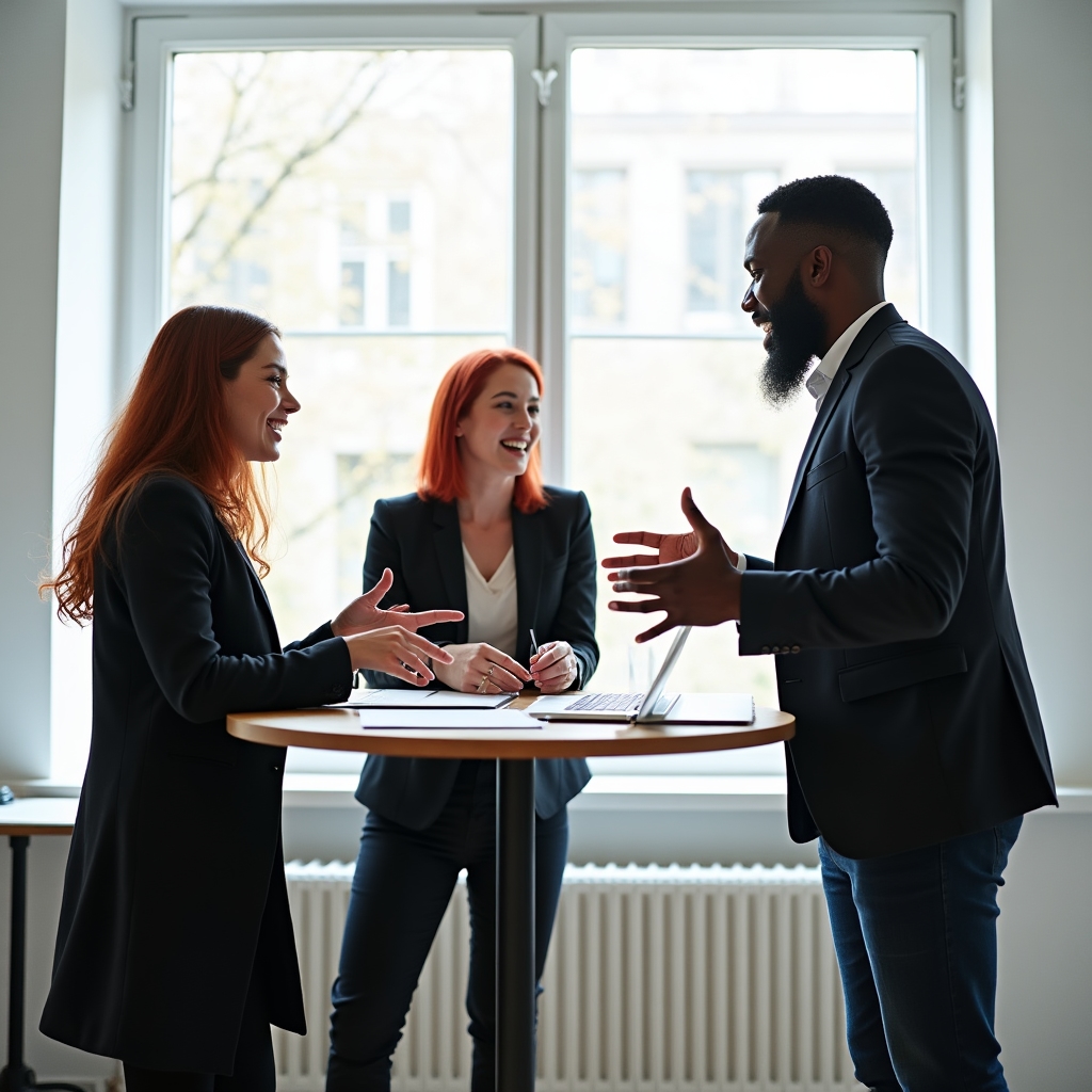 Kleines Team in ernsthafter Diskussion in Berliner Büro
